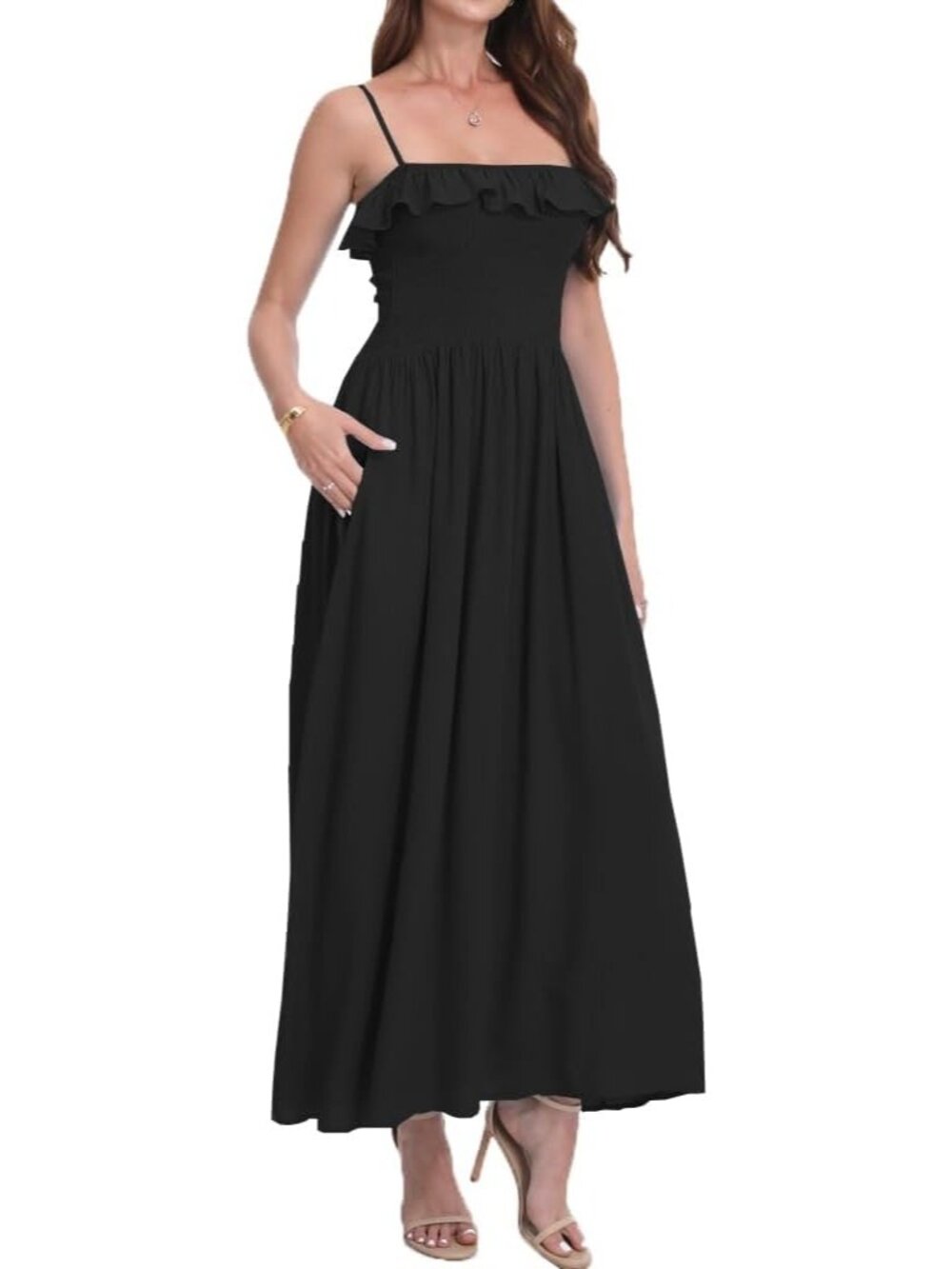 Women's Black Long Sleeveless Spaghetti Strap Smocked Beach  Boho Maxi Dress